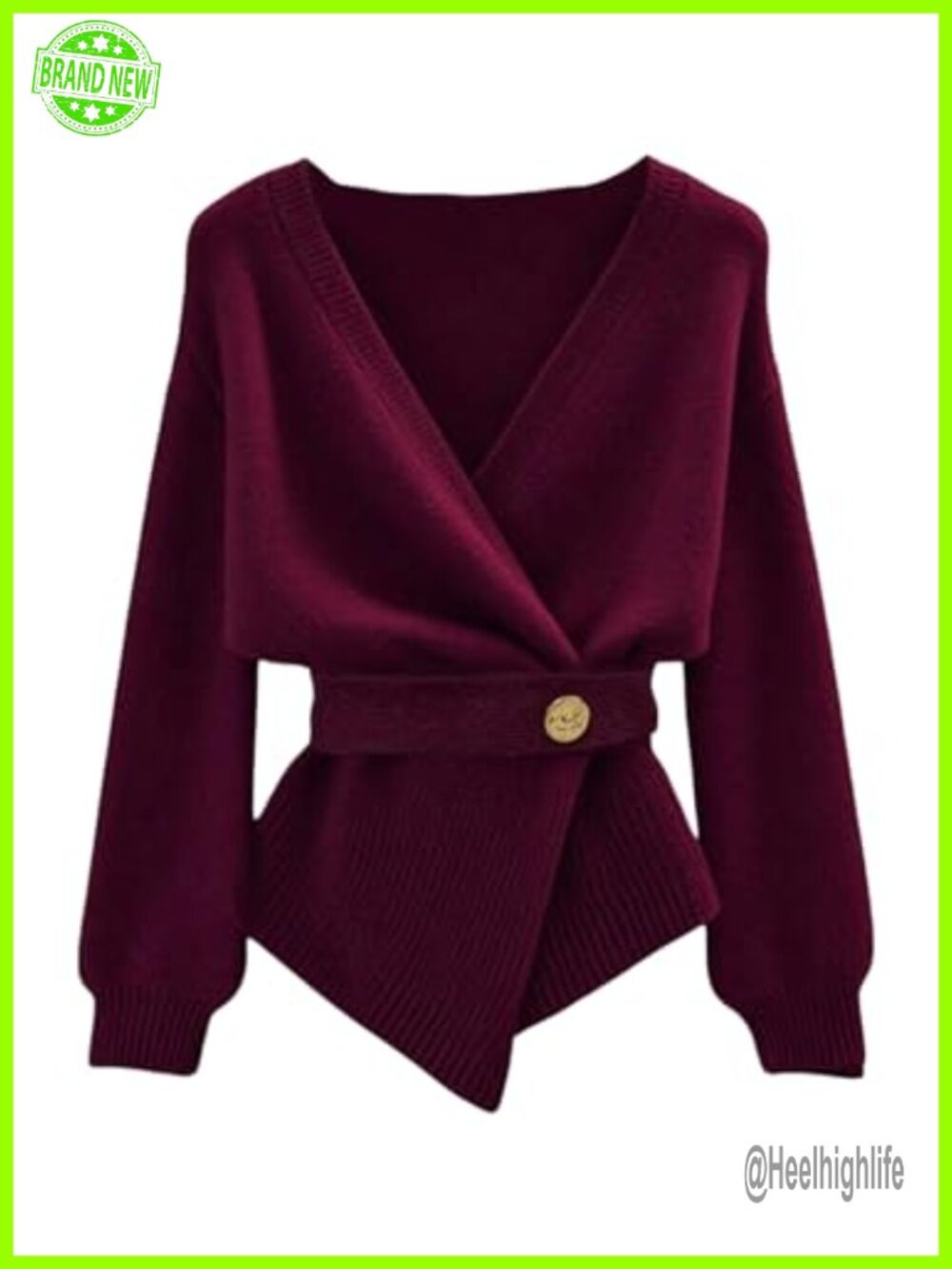 Wrap Sweater Cardigan Belted Deep V Neck Asymmetrical Office Knitwear